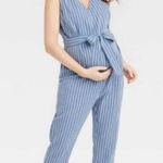 The Nines By‎ Hatch Maternity Jumpsuit Blue Linen Cotton Blend L Striped V Neck Size L Photo 0