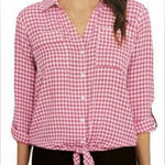 Jones New York tie front button up long roll up tab sleeve gingham NEW size L Photo 0