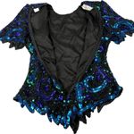 Laurence Kazar  Size Medium Silk Top Heavily Beaded Blue Teal Black Made in India Photo 5