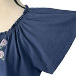 Aero Large Seriously Soft Top Keyhole Neck Flutter Sleeve Floral Embroidery Blue Photo 2