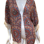 No Boundaries  Blue Peach Orange Fringe Paisley Boho Elephant Floral Jacket Photo 0
