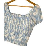 Lush Clothing New Lush Womens Size XL Cropped Top Smocked Cap Puff Sleeve White Blue Swirl Photo 5