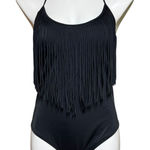 LA Hearts One Piece Swimsuit Halter Fringe Black Large Photo 0