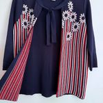 Vintage 80s 90s Karen Lessly Mod Daisy Flora Navy Open Front Cardigan Sweater‎ S Blue Photo 2