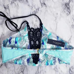 Ambrielle Bra Swimwear Sz Large High Neck Lace Pattern Halter Strap Geometric Blue Photo 3