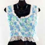 Love + Harmony Sleeveless Floral Tie Front Crop Lace Trim Tank Top Blue Medium Photo 2