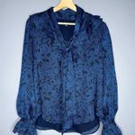 Ann Taylor Satin Floral Bow Blouse in Night Sky Blue/Black Size Small Photo 1