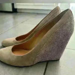 Audrey Brooke  Daphne Khaki Tan Brown Leather Lizard Print Wedge Heel Shoe Sz 9 Photo 0