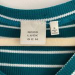 Good Luck Gem New Tie Hem Striped Top Button Down Long Sleeve Thermal Knit Teal Photo 13