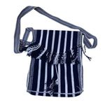 Bohemian woven cotton blend crossbody bag fringe, tie front front. Blue Photo 0