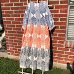 Blue/Orange Print Maxi Swim Coverup with tassels and pompoms Large Blue Photo 6