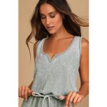 Lulus NWOT Perfect Lazy Day Sage Green Sleeveless Drawstring Lounge Romper Small Photo 3