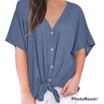 MIHOLL XXL short sleeve blue waffle knit v neck button down tie front loose knot Photo 0