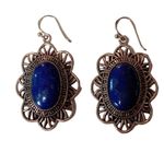 Frame Barse Thai Oval Drop Dangle Earrings Lapis Lazuli Bronze  & Hook Marked 925 Photo 1