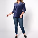 Denim & Co New Velour Notch Neck Long Sleeve Top Navy Blue Size Medium Photo 2