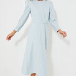 Tuckernuck Sea Stripe Catherine Maxi Dress Slate Blue Medium Belted Long Sleeve Photo 0