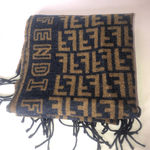 Fendi Navy Blue Tan Wool Silk Scarf with Decorative Tassels Photo 8