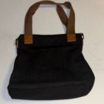 Source Unknown BLACK CANVAS TOTE BAG MEDIUM SIZE ONE POCKET OUTSIDE TAN FAUX LEATHER ACCENTS Photo 2