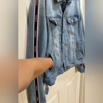 Guess Women’s Size Large Boyfriend Denim Jean Jacket With Logo Stripe Sleeves Photo 1