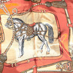 VINTAGE Equestrian ORANGE Horses and Tassels Print silky Scarf 35’/35’ Photo 2