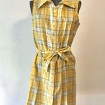 Vintage Linen Blend Shirt Dress Yellow & Green nipped waisted dress Size L Photo 4