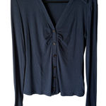 Madewell  Ribbed Button Front Long Sleeve Top Womens Small Collared Blue‎ Preppy Photo 0