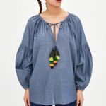 ZARA NEW Linen denim puffy sleeves Pompom XS Photo 1