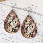 Musical Note Rose Flower Pattern Teardrop Dangle Earrings Faux‎ Leather Brown Photo 0