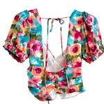 Lulus NWT Hues of You Teal Multi Floral Print Ruched Puff Sleeve Top Size XS Photo 3