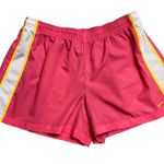 Nike Swoosh Athletic Shorts. Pink with yellow stripes edging white mesh Photo 0