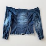 Off‎ Shoulder Large Denim Jean Top Frayed Hem Button Up Stretch Blue Y2K Photo 1