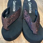 Brown Sequin Platform Flip Flops Women's Size 5 Sparkly Wedge Sandals Photo 1