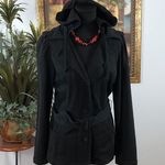 Ruff Hewn  Black Trench Coat Hoodie Belted Pocket Long Sleeve 3 Buttons Front Photo 1