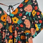 Entro  Floral babydoll Blouse M Black Orange Yellow Green colorful flowy silky Photo 5