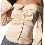 Anthropologie  Off The Shoulder Collared Silky Button Down Shirt Size M NEW Photo 9