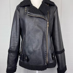 Sam Edelman  Black Faux Leather Shearling Lined Asymmetrical Moto Jacket Gold Zip Photo 0