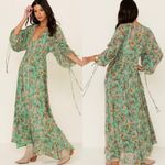 Free People  Bohemian Billowy Earthfolk Maxi Dress Fall Floral Jade Green Medium Photo 3