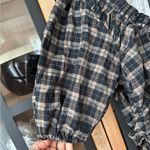 Ganni  Ruched Seersucker Mini Dress Plaid Tan Black beige puff sleeves neutral Photo 6