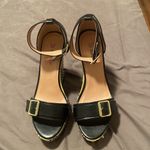 JustFab Kingston Black and White Chevron Raffia Ankle Strap Wedges Photo 1