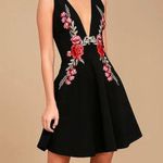 Lulus Black & Red Floral Rose Embroidered Low Cut Fit & Flare Dress Photo 1
