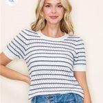 Staccato New  Navy and White Striped Short Sleeve Knitted Crochet Top Photo 0