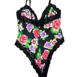 Cacique Vintage 90's  Silver Label Lux Black Floral Wet Satin Teddy Lingerie Photo 1