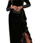 Badgley Mischka  Black Velvet Off Shoulder Long Sleeve Evening Gown Size 4 Photo 0