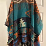 Original USA Southwestern/Geometric Open Front Poncho with Fringed Bottom Blue Photo 2