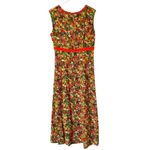 Vintage 60s Floral Orange Green Brown Empire Waist Midi Dress Velvet Ribbon Size L Photo 6