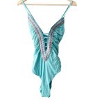 BECCA by Rebecca virtue Becca Blue Fiesta Plunge Neck Basket Weave Trim One Piece Swimsuit Size Large Photo 1