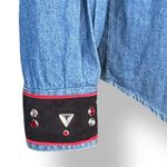 Vintage 80s Rhinestone Western Chambray Denim Shirt Medium Cowgirl Rodeo Glam Blue Photo 4