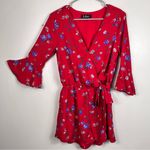 Lulus Bronwen Red Floral Tie Waist Flounce Sleeve Romper SMALL Photo 4