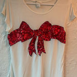 H&M  viscose short cap sleeve red sequin bow white top holiday party; size M Photo 0