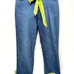Denim Tailor Embellished Ankle Jeans Green Striped Cuffs Rhinestone Buckles Bows Blue Size 6 Photo 0